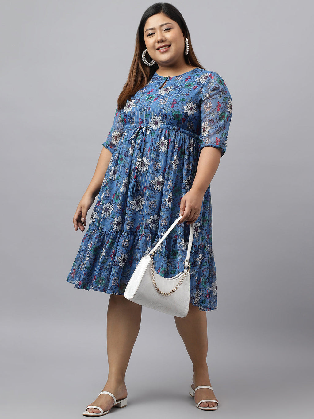 Janasya Women's Blue Poly Georgette Floral Printed Casual Flared Western Dress | Grocsy