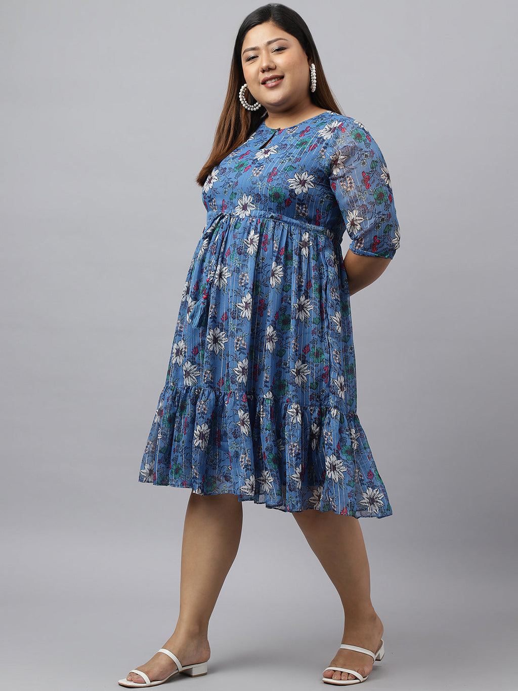 Janasya Women's Blue Poly Georgette Floral Printed Casual Flared Western Dress | Grocsy