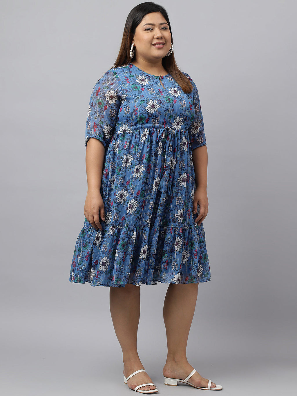 Janasya Women's Blue Poly Georgette Floral Printed Casual Flared Western Dress | Grocsy
