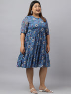 Janasya Women's Blue Poly Georgette Floral Printed Casual Flared Western Dress | Grocsy