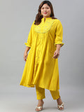 Janasya XL LOVE by Janasya Women's Plus Size Yellow Poly Silk Kurta With Pant | Grocsy