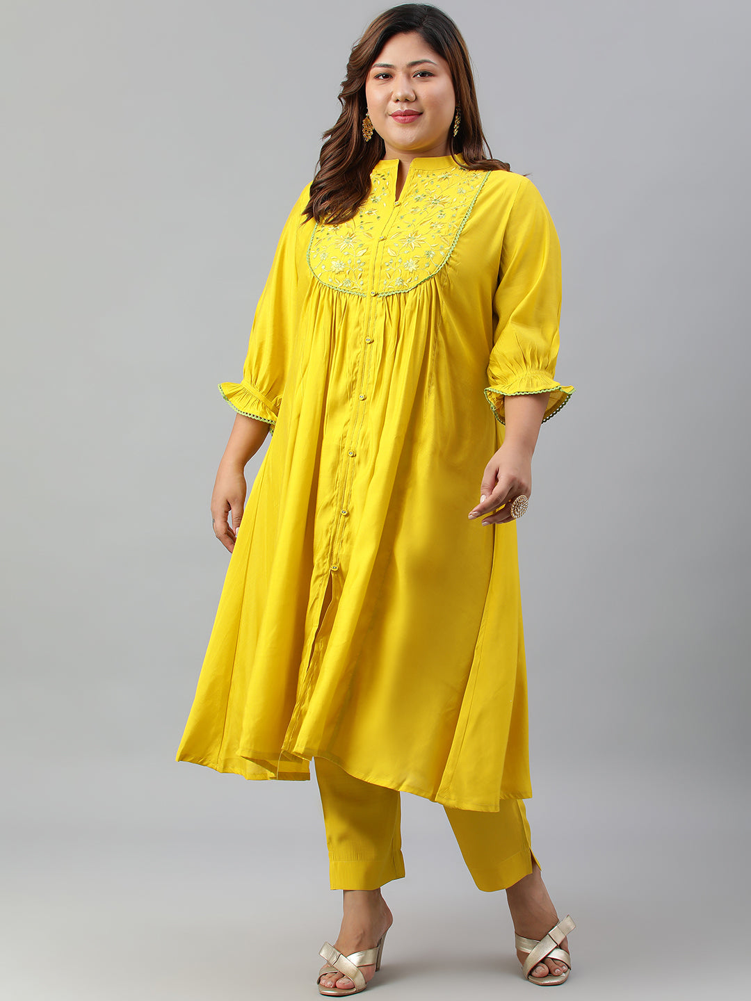 Janasya XL LOVE by Janasya Women's Plus Size Yellow Poly Silk Kurta With Pant | Grocsy