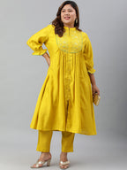 Janasya XL LOVE by Janasya Women's Plus Size Yellow Poly Silk Kurta With Pant | Grocsy
