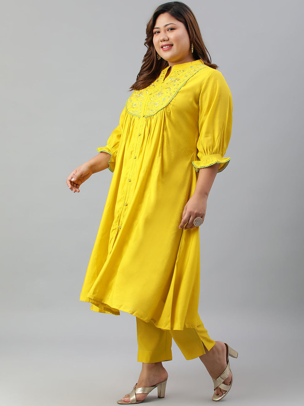 Janasya XL LOVE by Janasya Women's Plus Size Yellow Poly Silk Kurta With Pant | Grocsy