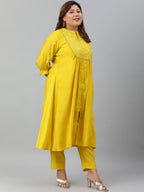 Janasya XL LOVE by Janasya Women's Plus Size Yellow Poly Silk Kurta With Pant | Grocsy