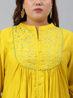 Janasya XL LOVE by Janasya Women's Plus Size Yellow Poly Silk Kurta With Pant | Grocsy