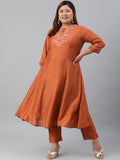 Janasya XL LOVE by Janasya Women's Plus Size Rust Orange Poly Silk Kurta With Pant | Grocsy