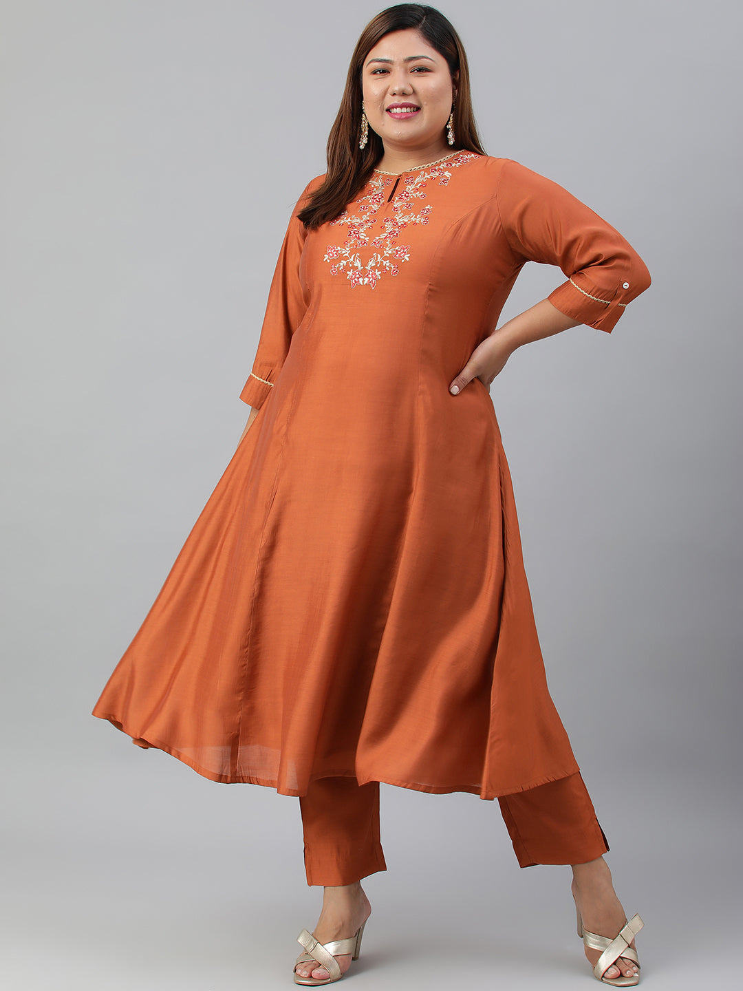 Janasya XL LOVE by Janasya Women's Plus Size Rust Orange Poly Silk Kurta With Pant | Grocsy