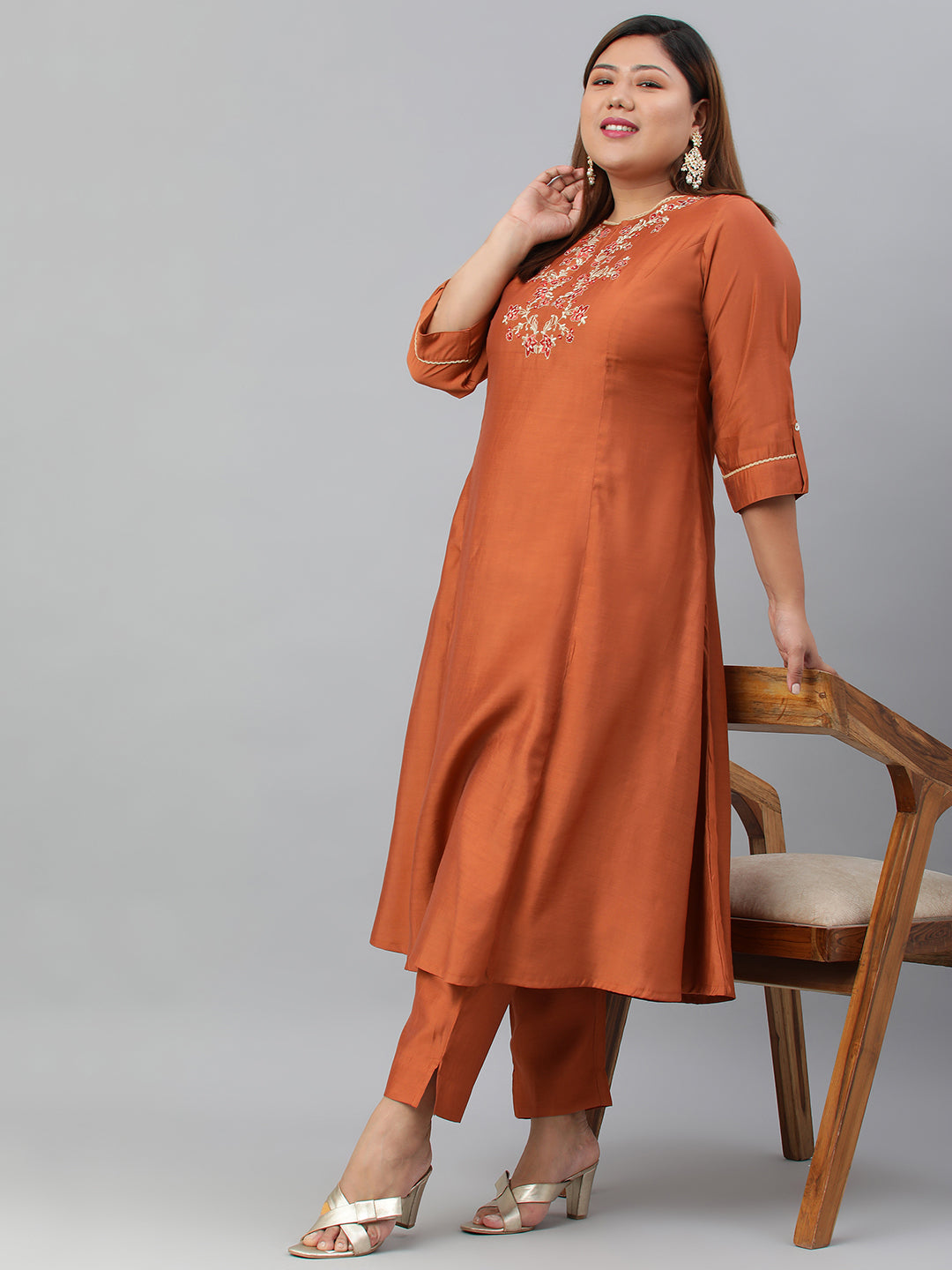 Janasya XL LOVE by Janasya Women's Plus Size Rust Orange Poly Silk Kurta With Pant | Grocsy
