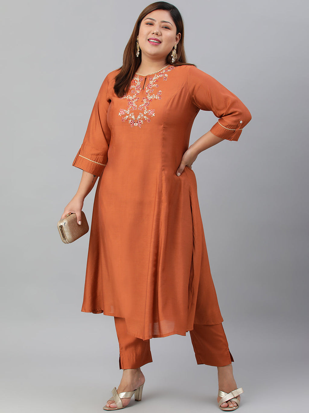 Janasya XL LOVE by Janasya Women's Plus Size Rust Orange Poly Silk Kurta With Pant | Grocsy