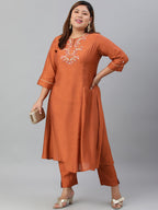 Janasya XL LOVE by Janasya Women's Plus Size Rust Orange Poly Silk Kurta With Pant | Grocsy