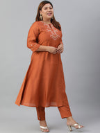 Janasya XL LOVE by Janasya Women's Plus Size Rust Orange Poly Silk Kurta With Pant | Grocsy