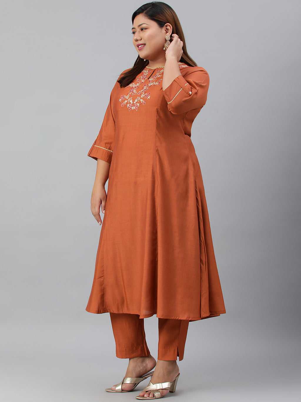 Janasya XL LOVE by Janasya Women's Plus Size Rust Orange Poly Silk Kurta With Pant | Grocsy