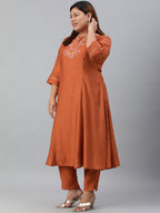 Janasya XL LOVE by Janasya Women's Plus Size Rust Orange Poly Silk Kurta With Pant | Grocsy