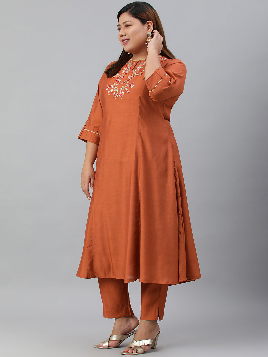 Janasya XL LOVE by Janasya Women's Plus Size Rust Orange Poly Silk Kurta With Pant | Grocsy