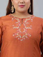 Janasya XL LOVE by Janasya Women's Plus Size Rust Orange Poly Silk Kurta With Pant | Grocsy
