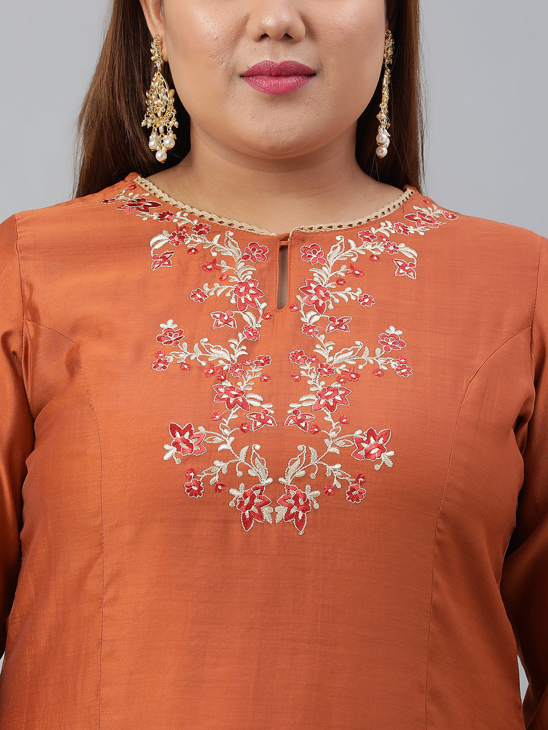 Janasya XL LOVE by Janasya Women's Plus Size Rust Orange Poly Silk Kurta With Pant | Grocsy