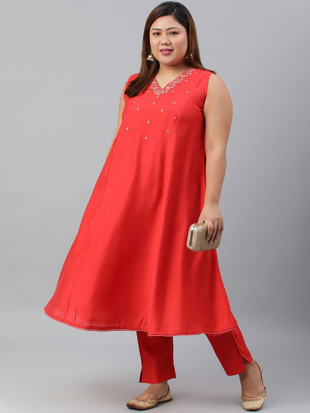 Janasya XL LOVE by Janasya Women's Plus Size Red Art Silk Kurta With Pant | Grocsy