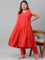 Janasya XL LOVE by Janasya Women's Plus Size Red Art Silk Kurta With Pant | Grocsy