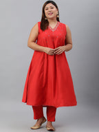 Janasya XL LOVE by Janasya Women's Plus Size Red Art Silk Kurta With Pant | Grocsy