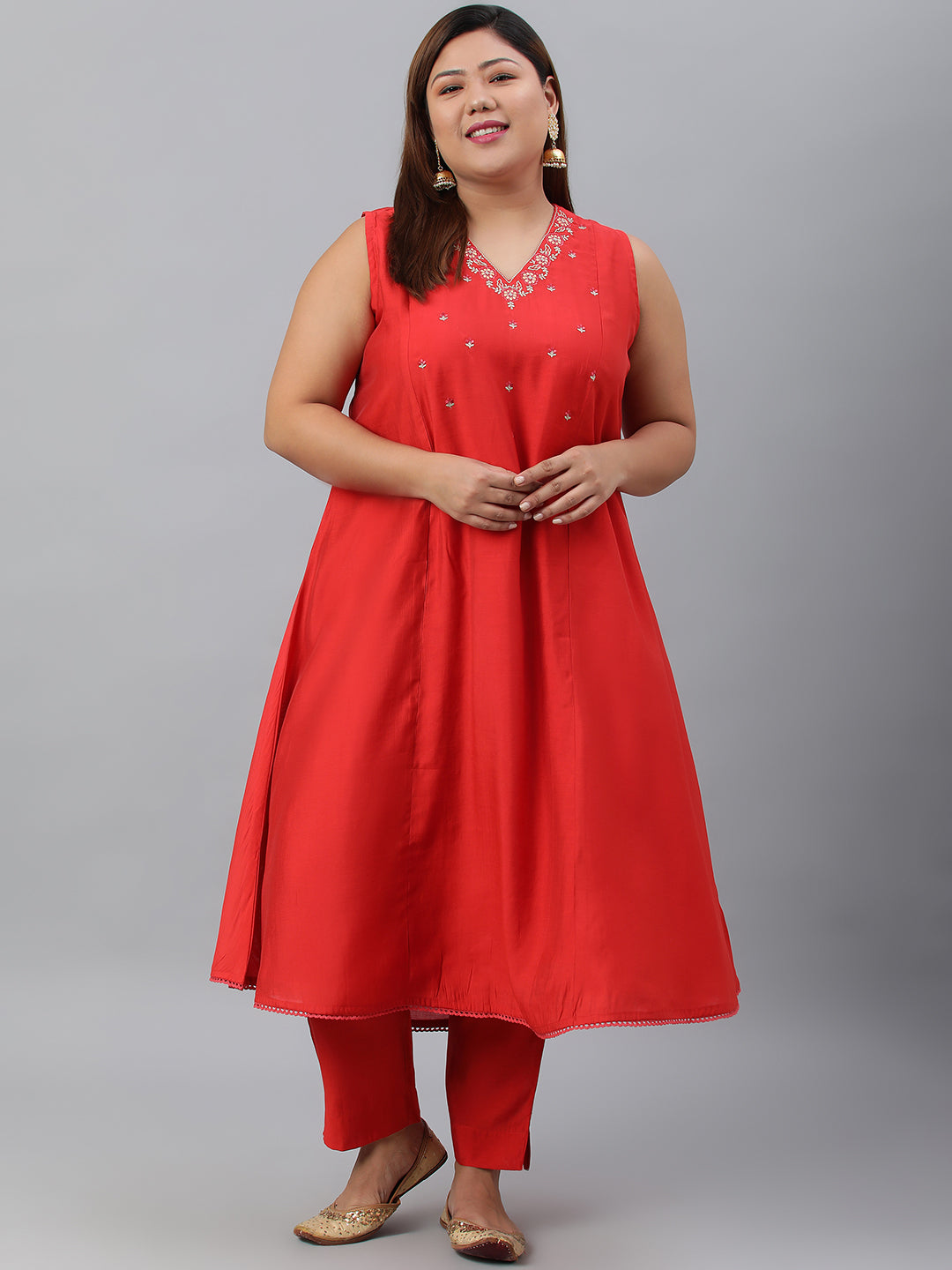 Janasya XL LOVE by Janasya Women's Plus Size Red Art Silk Kurta With Pant | Grocsy