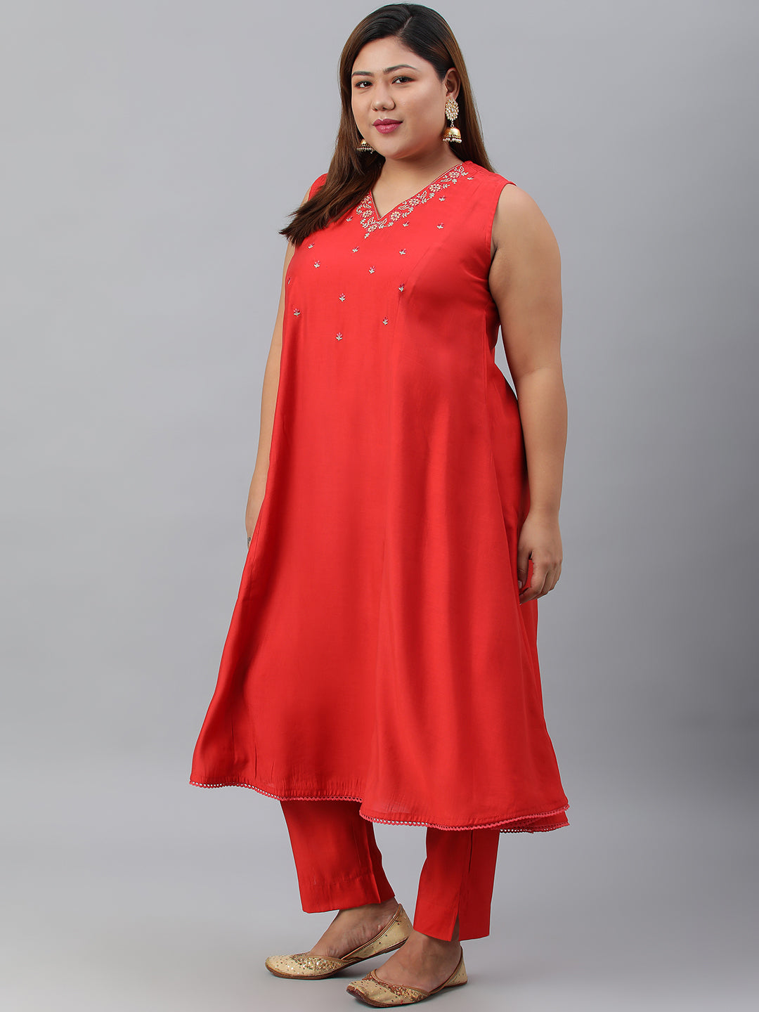 Janasya XL LOVE by Janasya Women's Plus Size Red Art Silk Kurta With Pant | Grocsy