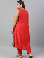 Janasya XL LOVE by Janasya Women's Plus Size Red Art Silk Kurta With Pant | Grocsy