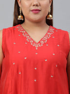 Janasya XL LOVE by Janasya Women's Plus Size Red Art Silk Kurta With Pant | Grocsy