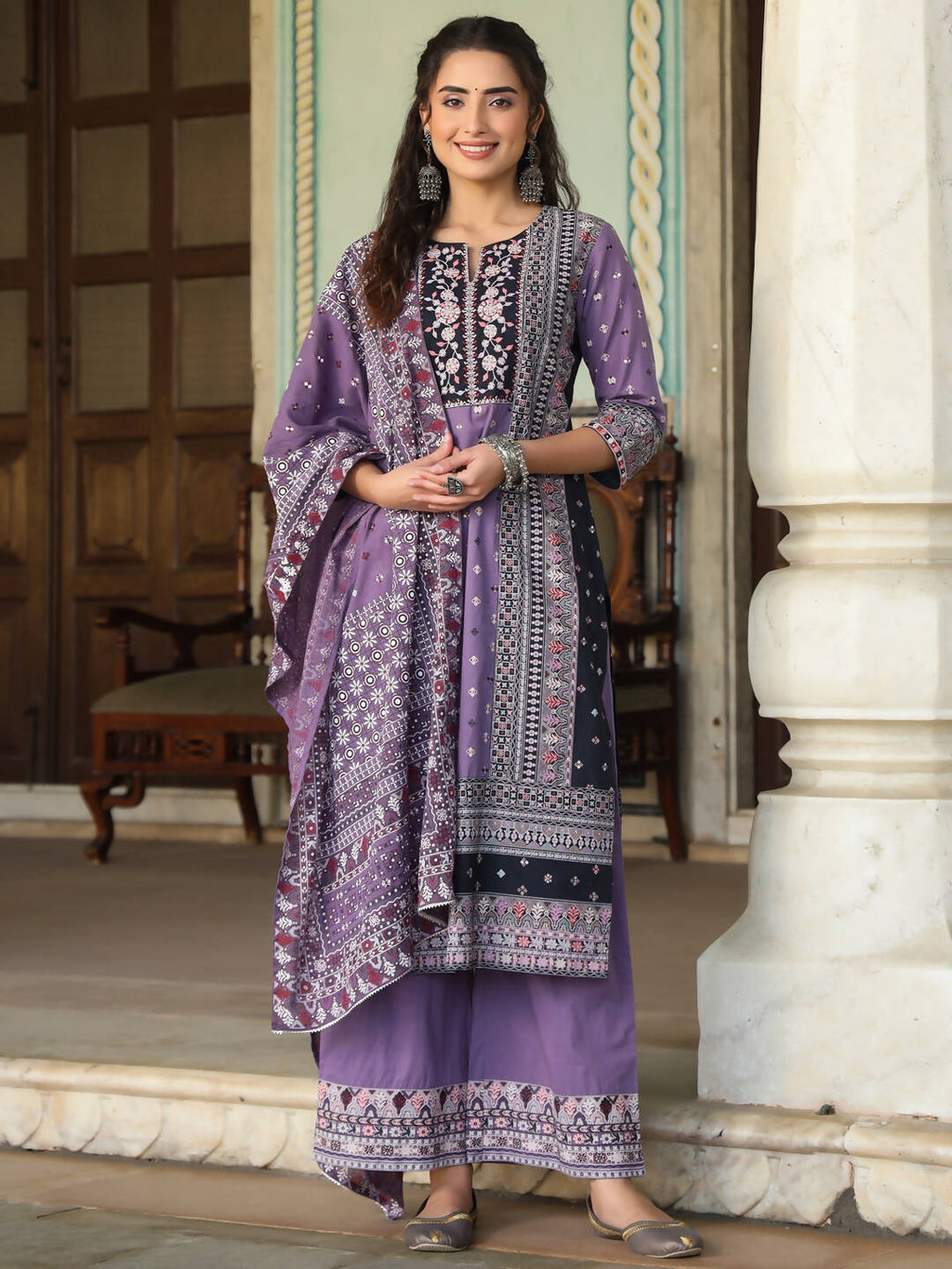 Juniper Women's Lavender Cambric Geometric Printed Mix And Match Kurta Palazzo And Dupatta Set | Grocsy