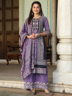Juniper Women's Lavender Cambric Geometric Printed Mix And Match Kurta Palazzo And Dupatta Set | Grocsy