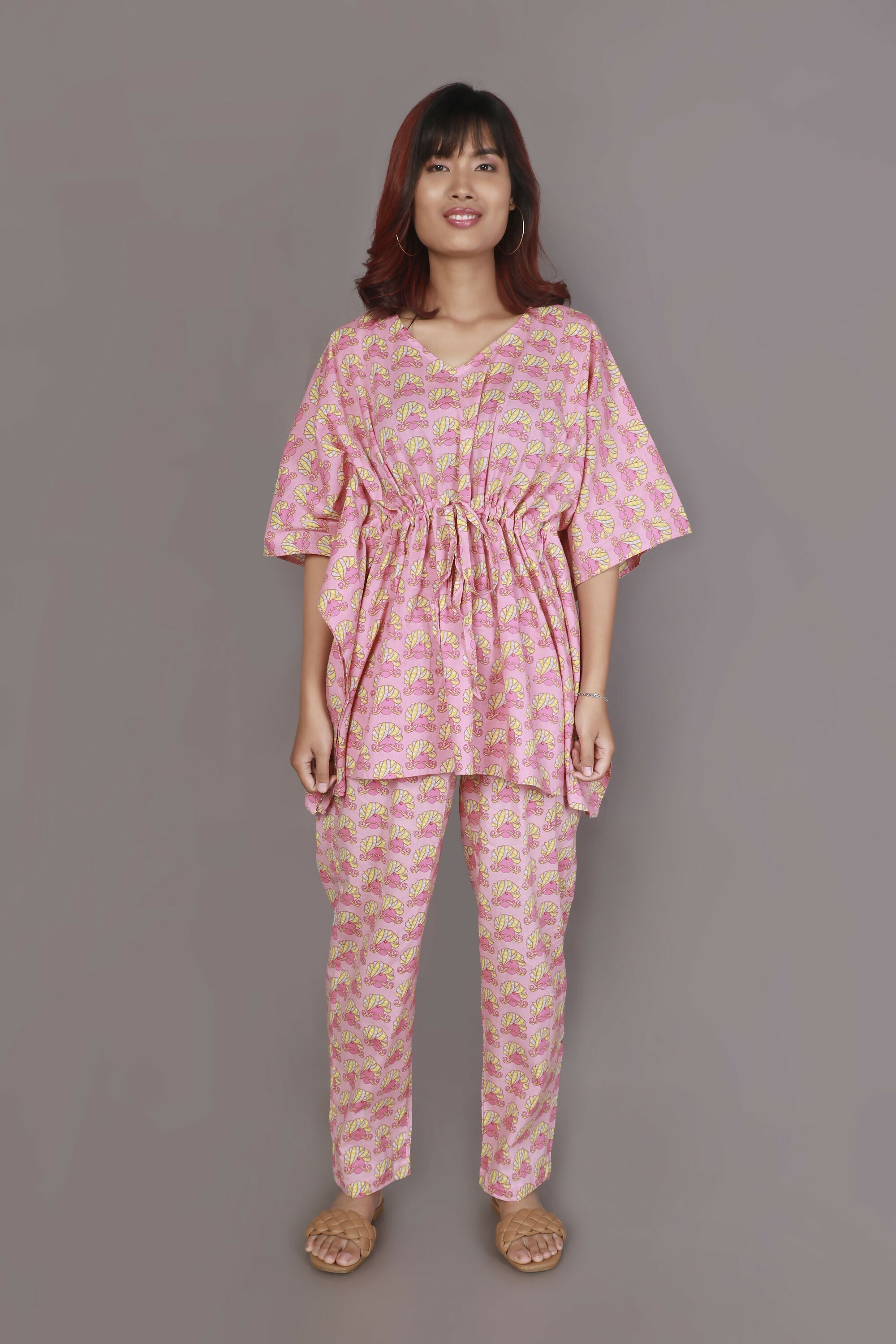 Breathables Women’S Loungewear Kaftan Co-Ord Set Cotton V-Neck In Quirky Pink Print | Grocsy