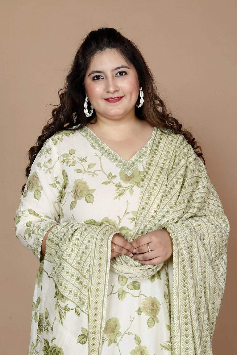 Miravan Women's Plus Size Green Printed Anarkali Kurta With Palazzo And Dupatta | Grocsy