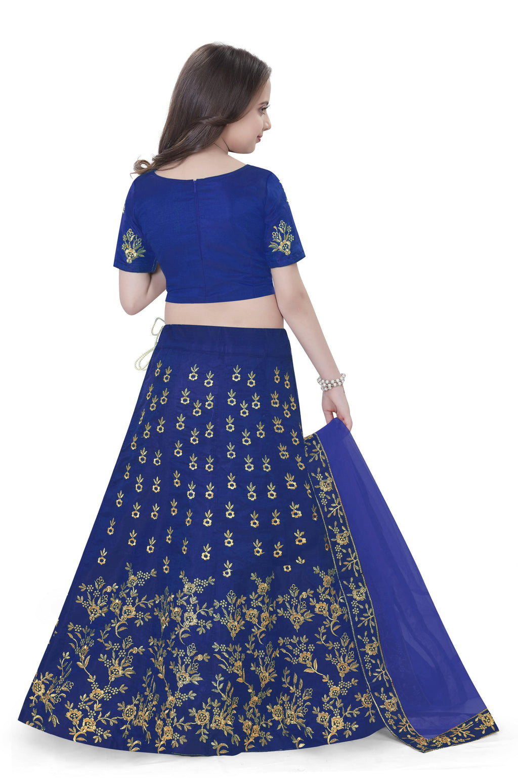 Dwiden Royal Blue Baby Doll Tafetta Sattin Semi-Stitched Girl's Lehenga Choli | Grocsy