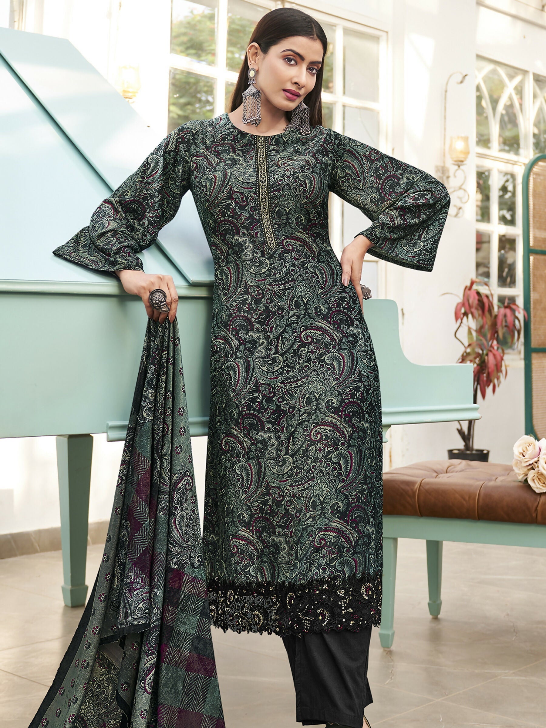 Jyoti Fashion Women's Green Velvet Digital Print with Resham Thread work Kurta with Trouser & Dupatta | Grocsy
