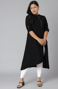 Janasya Women's Black Poly Crepe Solid Casual High Low Kurta | Grocsy