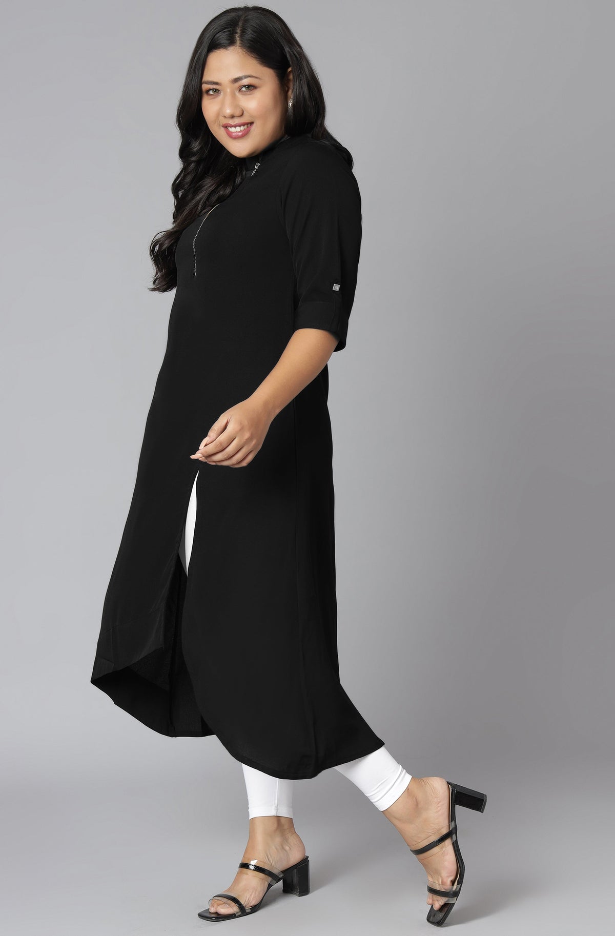 Janasya Women's Black Poly Crepe Solid Casual High Low Kurta | Grocsy