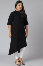 Janasya Women's Black Poly Crepe Solid Casual High Low Kurta | Grocsy
