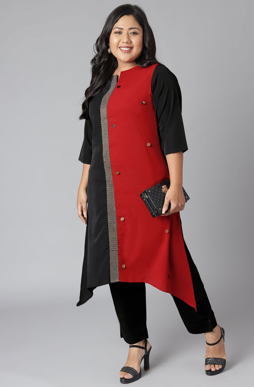 Janasya Women's Black Poly Crepe Colorblock Casual Asymmetric Kurta | Grocsy