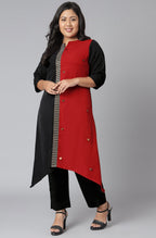 Janasya Women's Black Poly Crepe Colorblock Casual Asymmetric Kurta | Grocsy