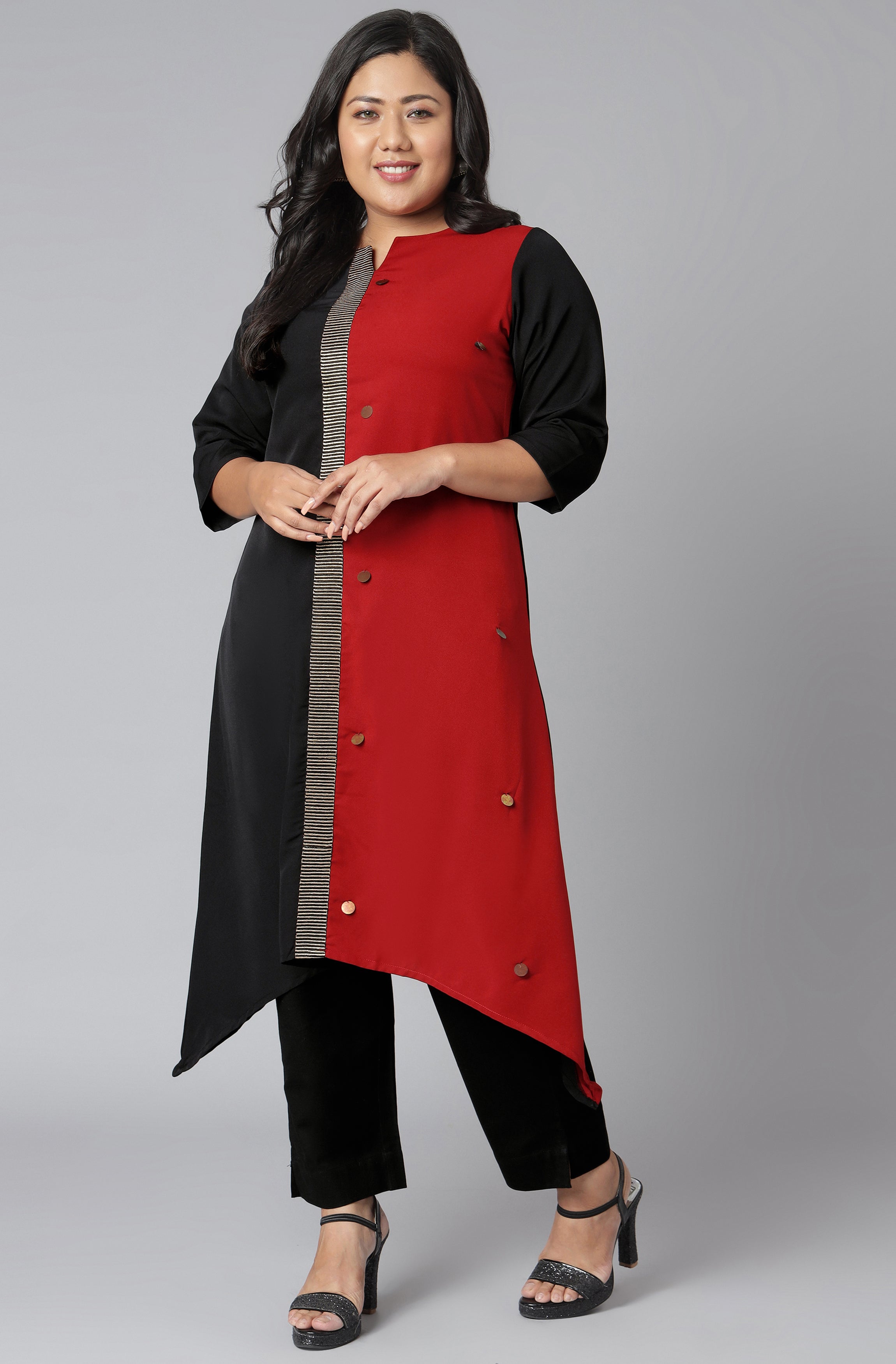Janasya Women's Black Poly Crepe Colorblock Casual Asymmetric Kurta | Grocsy