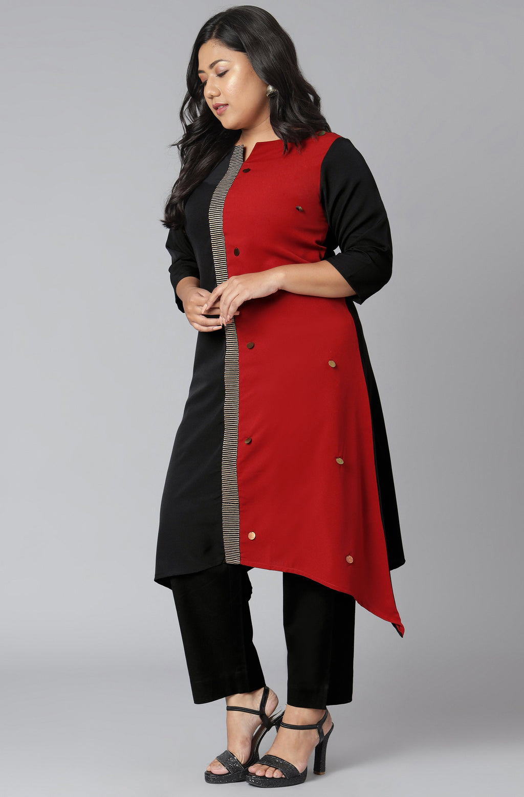 Janasya Women's Black Poly Crepe Colorblock Casual Asymmetric Kurta | Grocsy