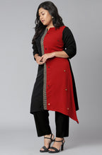 Janasya Women's Black Poly Crepe Colorblock Casual Asymmetric Kurta | Grocsy