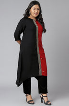 Janasya Women's Black Poly Crepe Colorblock Casual Asymmetric Kurta | Grocsy