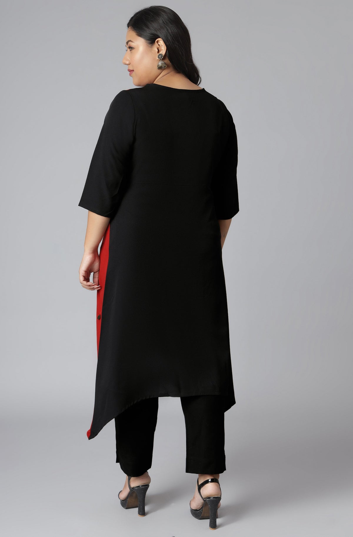 Janasya Women's Black Poly Crepe Colorblock Casual Asymmetric Kurta | Grocsy