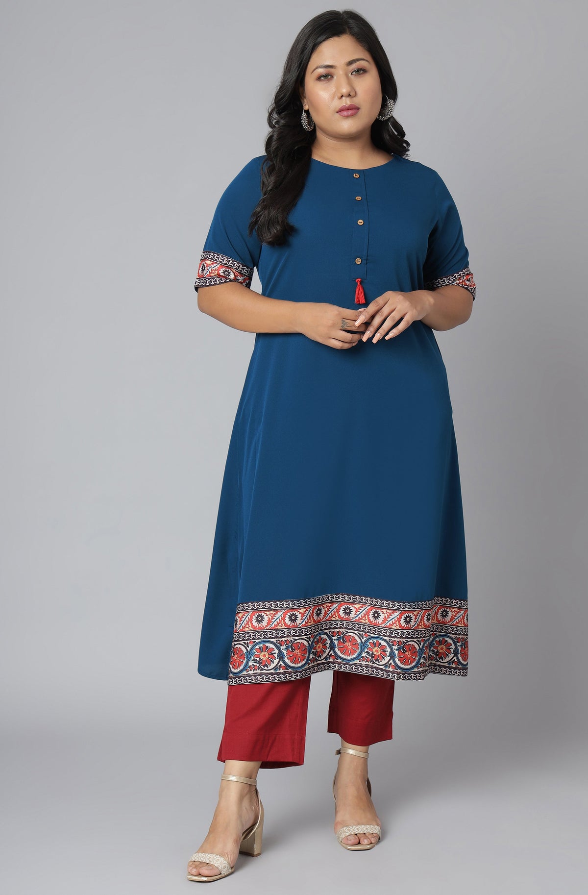 Janasya Women's Teal Poly Crepe Floral Print Casual A-line Kurta | Grocsy
