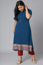 Janasya Women's Teal Poly Crepe Floral Print Casual A-line Kurta | Grocsy