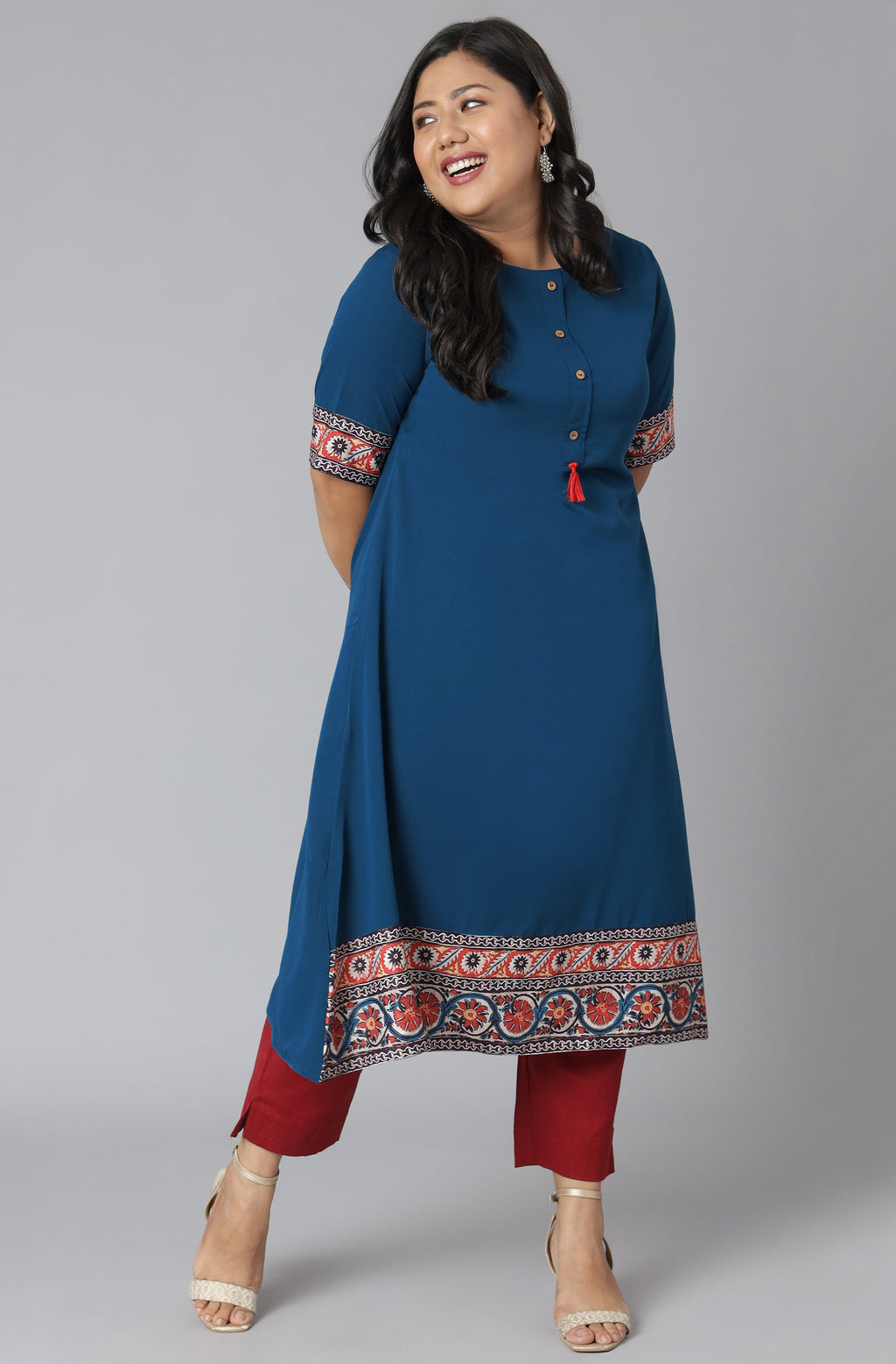Janasya Women's Teal Poly Crepe Floral Print Casual A-line Kurta | Grocsy