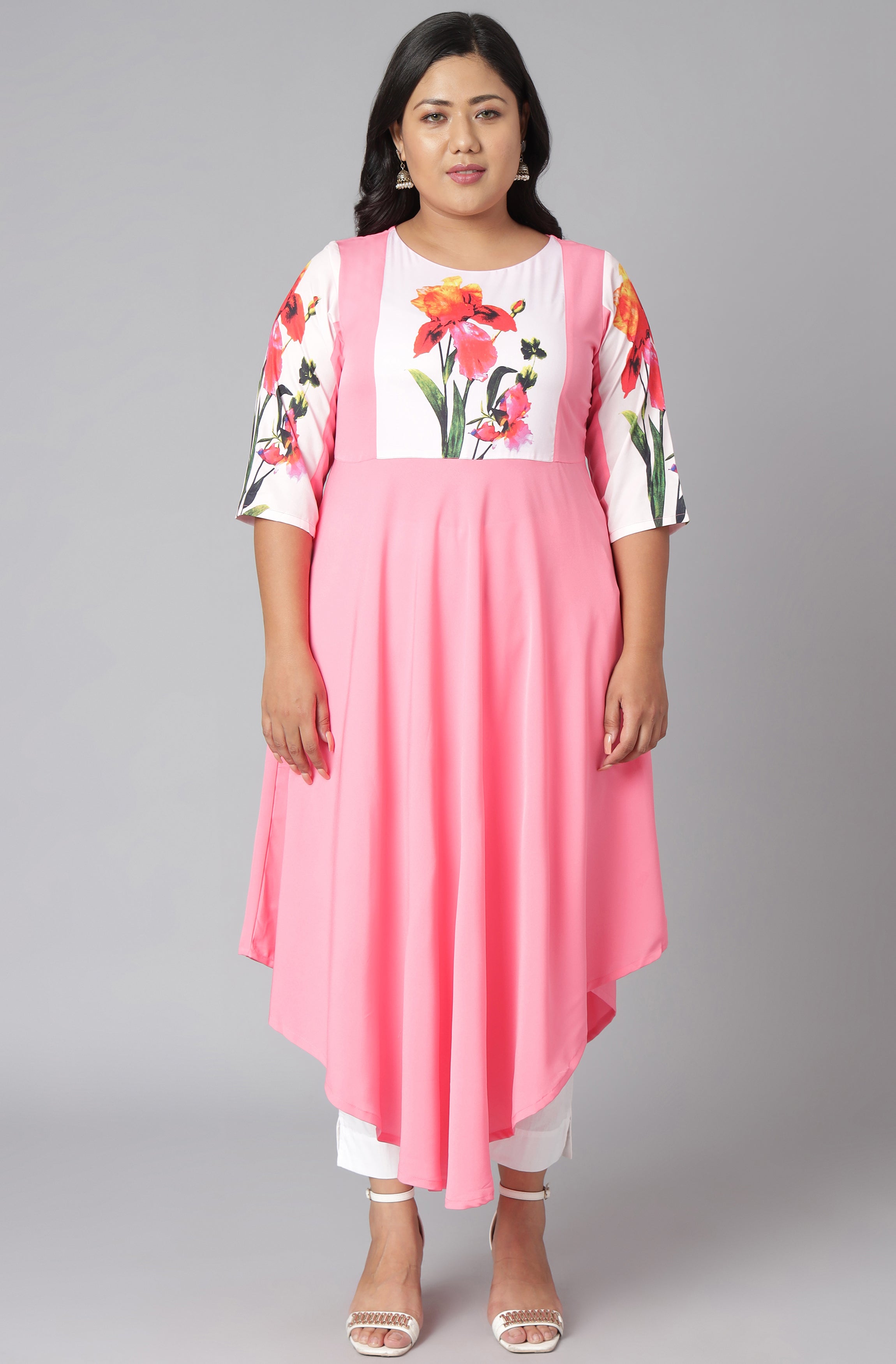 Janasya Women's Pink Poly Crepe Floral Print Casual Flared Kurta | Grocsy