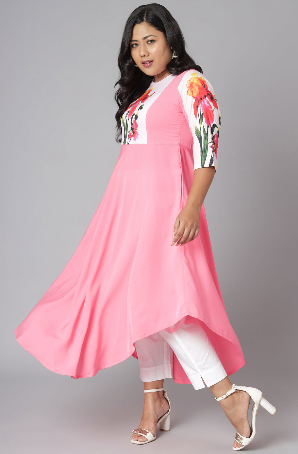 Janasya Women's Pink Poly Crepe Floral Print Casual Flared Kurta | Grocsy