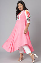 Janasya Women's Pink Poly Crepe Floral Print Casual Flared Kurta | Grocsy